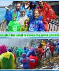 Groups wearing 100 Pack Hooded Adult Rain Ponchos Disposable Plastic Gear Bulk Emergency Rain Coats For Men And Women Multicolor
