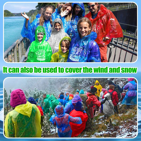 Groups wearing 100 Pack Hooded Adult Rain Ponchos Disposable Plastic Gear Bulk Emergency Rain Coats For Men And Women Multicolor