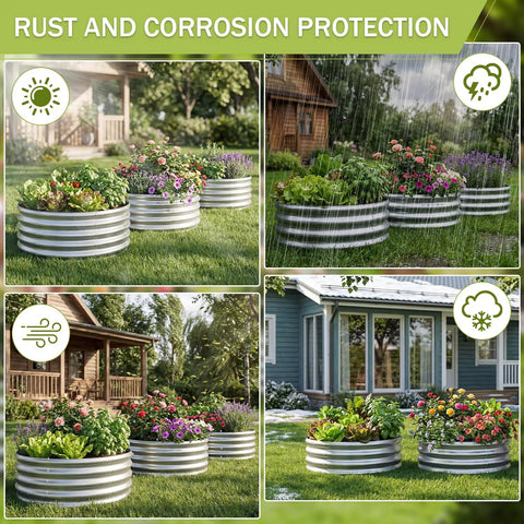 3-Pack Round Galvanized Raised Garden Bed Kit 2 By 2 By 1 Foot Outdoor Planter Metal Flower Box For Vegetables Herbs Fruits Durable Anti Corrosion Round Design Easy Assembly Great For Small Yards, Patios, And Balcony Gardens displayed in garden settings.