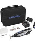 Dremel cordless rotary tool kit with hard case, 12V battery, charger, five discs, small wrench, and plastic storage box
