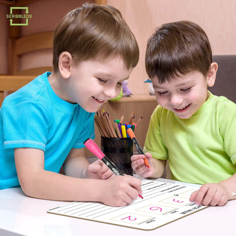 Two kids using Double Sided Place Value Board 9x12 Inches For Kids, Dry Erase Math Manipulative To Teach Place Values From Billions To Decimal Numbers
