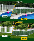 Before and after images showing artificial ivy privacy fence screen 120 inch long by 40 inch wide installed on white fences by a pool and garden.