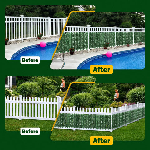 Before and after images showing artificial ivy privacy fence screen 120 inch long by 40 inch wide installed on white fences by a pool and garden.