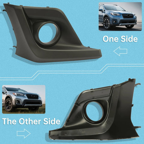 Right Side Fog Light Bezel For 2018 2020 Subaru Crosstrek Front Right Passenger Side Replacement Trim Cover With Fog Light Hole Direct Fit For SU1039121 57731FL082 Black Plastic Rugged And Easy To Install, showing both sides for installation.