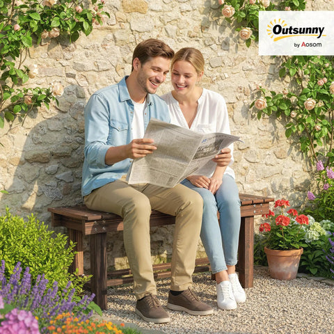 Couple sitting on 35.4 Inch Wooden Garden Bench With Storage Shelf For Patio And Balcony Two Seater Outdoor Bench In Carbonized Wood