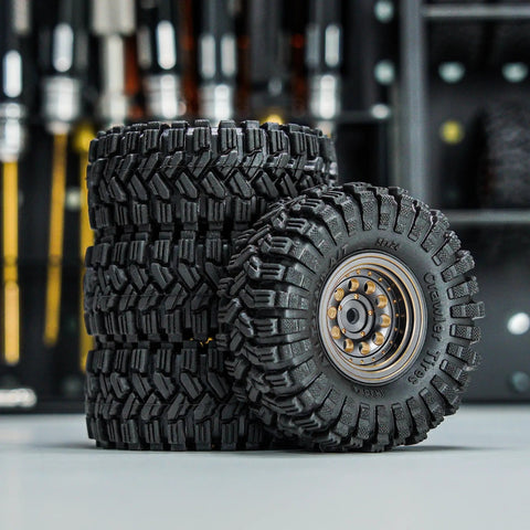 Beefed-Up Beadlock Wheel And Tire Set For Axial SCX24 AX24 TRX4M FCX24 1.0 Inch Brass CNC Machined With -2.65mm Offset, tires stacked