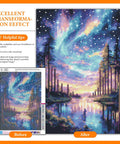 Colorful transformation of Starry Sky 5D Diamond Art Kit For Adults with Dope Aurora Lake scene in 12 X 16 Inch, before and after view