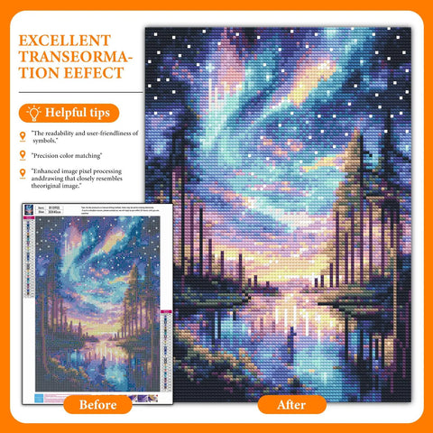 Colorful transformation of Starry Sky 5D Diamond Art Kit For Adults with Dope Aurora Lake scene in 12 X 16 Inch, before and after view
