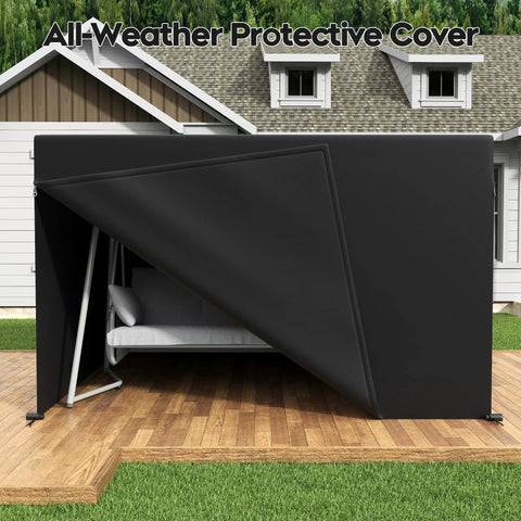 Oversized Outdoor Porch Swing Bed With Stand And Canopy Rain Cover Heavy Duty 3 Seat Bench Swing For Patio shown with cover halfway open