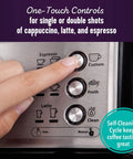 Close-up of controls on Three In One Espresso And Cappuccino Machine With Stainless Steel Body Programmable Coffee Maker.