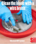 Collapsible Silicone Saw Blade Cleaning Tray in use with wire brush, holding cleaning solution for circular saw blades up to 12 inches