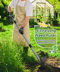 Person using 71 Inch Stand Up Weed Puller With Adjustable 5 Section Handle No Bend 2 In 1 Weeder For Uprooting Deep Weeds In Lawns