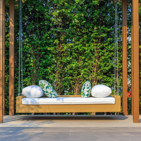 Outdoor swing with cushions using a 7.75 Foot Heavy Duty Porch Swing Chain Kit With 304 Stainless Steel Construction And Zinc Plated Hanging Set For Patio Swings Benches Playgrounds And Porches 800 Lb Capacity 2 Pack.