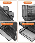 Four views of Five Tier Desk Organizer With File Holder And Drawer, Mesh Letter Tray Office Organizer with pen holders and magazine holder.