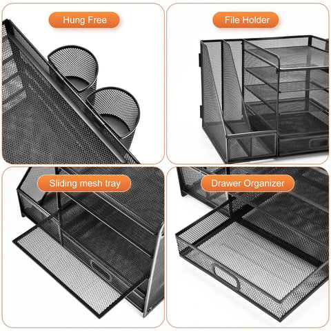 Four views of Five Tier Desk Organizer With File Holder And Drawer, Mesh Letter Tray Office Organizer with pen holders and magazine holder.