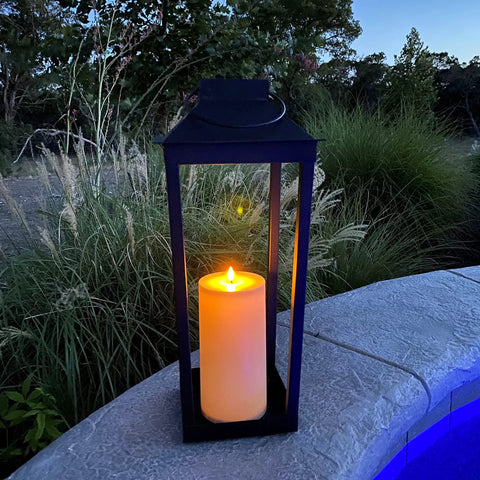 Large Outdoor Solar Powered Lantern With Open Frame No Glass Black Metal 19 Inch Tall Dusk To Dawn Timer Flickering LED Candle Lantern for Porch Patio Garden Rustic Farmhouse Vibe by poolside