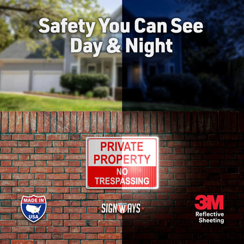 Private property no trespassing reflective sign on brick wall with day and night comparison, Made in USA and 3M logo visible.