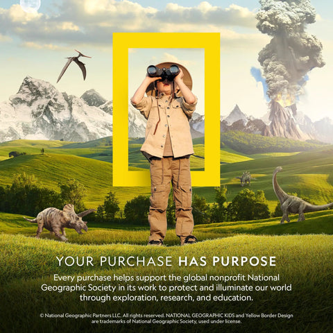 Child in explorer outfit with binoculars standing in front of National Geographic logo, surrounded by animated prehistoric scene with dinosaurs.