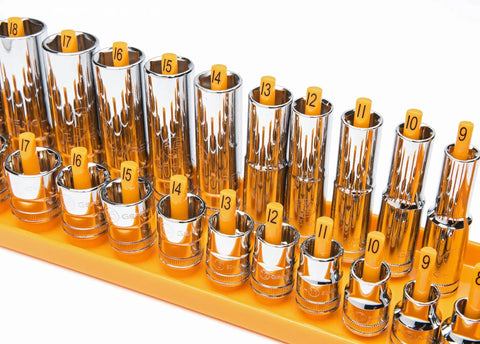 Three Piece Drive Socket Rack Set with Vertical Storage for One Quarter, Three Eighths and One Half Inch Metric Sockets