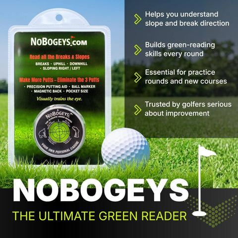 Packaging of Game Ready Golf Green Reader And Magnetic Ball Marker Pocket Putting Alignment Tool with text and a golf ball