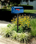Blue Medium Post Mounted Outdoor Mailbox Weatherproof And Rust Resistant Galvanized Steel Construction Built To Withstand Rain Snow And Sun For Year Round Reliability And Everyday Use