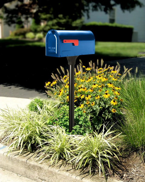 Blue Medium Post Mounted Outdoor Mailbox Weatherproof And Rust Resistant Galvanized Steel Construction Built To Withstand Rain Snow And Sun For Year Round Reliability And Everyday Use