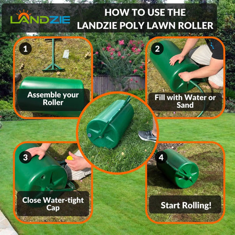 Steps for using 24 Inch Poly Lawn Roller With Fifteen Point Eight Gallon Water Fill Heavy Duty Sod Roller for lawn care.