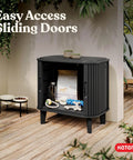 Velo 30 Gallon Outdoor Storage Cabinet With Weather Resistant Resin Construction in patio, sliding doors open, graphite finish