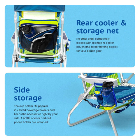 Rear view of Folding Tall Backpack Beach Chair With Five Positions Towel Bar Cooler Storage Pouch Cup Holder And Phone Holder.