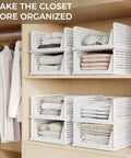 Six Pack Stackable Closet Organizers Bins For Clothes Plastic Drawer Baskets For Wardrobe Shelf Storage Containers For Bedroom Bathroom Office White Great For Organizing Drawers And Shelves installed on wooden closet shelf