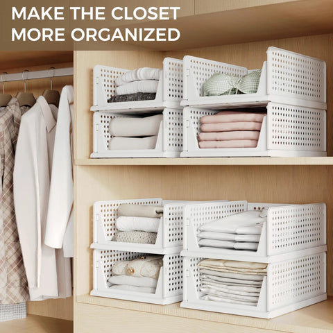 Six Pack Stackable Closet Organizers Bins For Clothes Plastic Drawer Baskets For Wardrobe Shelf Storage Containers For Bedroom Bathroom Office White Great For Organizing Drawers And Shelves installed on wooden closet shelf