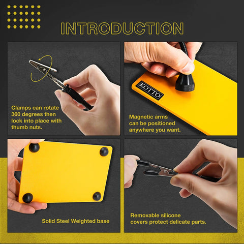 Third Hand Soldering Tool With Four Magnetic Gooseneck Arms And Stainless Clips For PCB Holder shown in use with features.