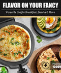 FineMade 10 Inch Electric Roti Maker Machine With Precision Temp Control Detachable Handle Black Chapati Tortilla Press For Homemade Flatbreads Easy Burrito Creation Compact Design Kitchen Gadget cooking a golden brown flatbread with herbs on non-stick surface.