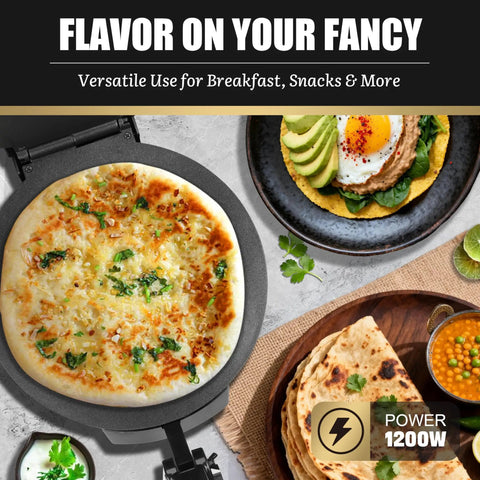 FineMade 10 Inch Electric Roti Maker Machine With Precision Temp Control Detachable Handle Black Chapati Tortilla Press For Homemade Flatbreads Easy Burrito Creation Compact Design Kitchen Gadget cooking a golden brown flatbread with herbs on non-stick surface.