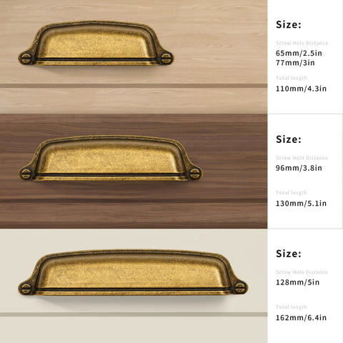 10 Pack 3 Inch Antique Brass Cup Pulls With Aged Gold Finish for Cabinets and Drawers, shown in various sizes and lengths.