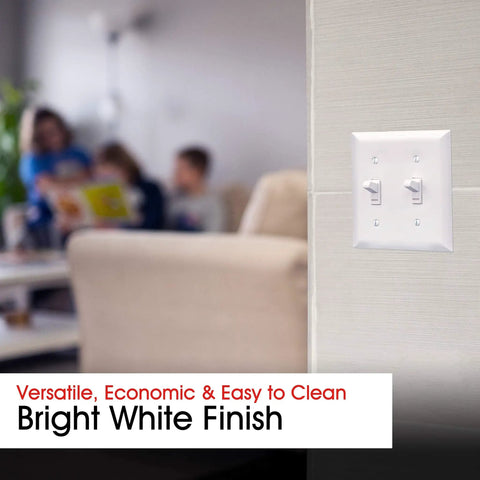 Two Gang Double Wall Plate Cover White Light Switch Cover With Screws Included for DIY Renovations Easy Install Durable Outlet Plate 0.32 x 4.47 Inches on wall in modern room.