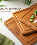 Top Shelf Deep Carbonized Bamboo Cutting Board With Sturdy Wood Storage Stand featuring three natural bamboo boards and sliced okra.