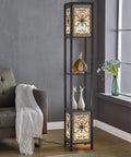Infinity Heart 2 Light Shelf Floor Lamp With Display Shelves Off White Fabric Shade next to sofa and window with vase