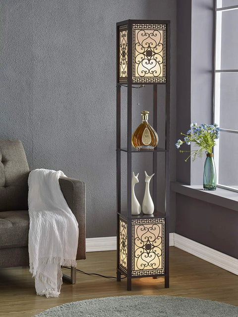 Infinity Heart 2 Light Shelf Floor Lamp With Display Shelves Off White Fabric Shade next to sofa and window with vase