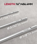 Three aluminum TIG welding rods ER4043 filler wire, 16 inch length highlighted in measurement text, various diameters