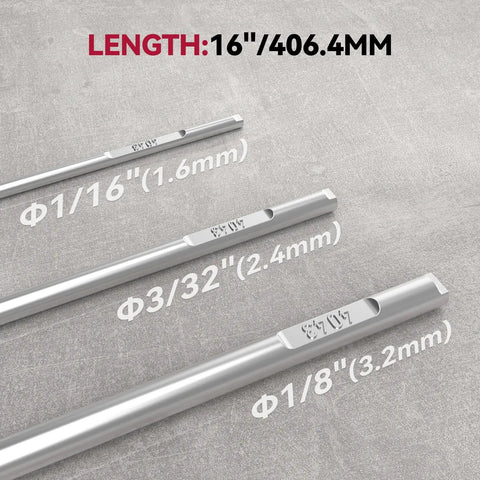 Three aluminum TIG welding rods ER4043 filler wire, 16 inch length highlighted in measurement text, various diameters