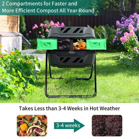 Massive Outdoor Dual Bin Composter Tumbling 43 Gallon Rotating Compost Bin With Two Sliding Doors And Aeration System