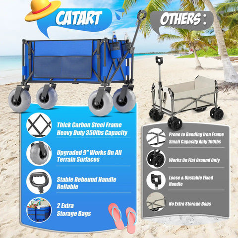 Comparison graphic of Blue Heavy Duty Folding Wagon For Sand And Outdoors, 350 lb capacity with oversized cargo and wheels.
