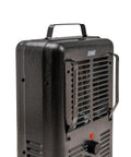 Heavy Duty 1500 Watt Portable Milkhouse Utility Space Heater With Adjustable Thermostat Overheat Guard And Tip Over Safety Switch In Matte Black side view with handle