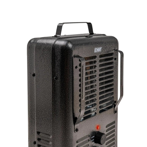 Heavy Duty 1500 Watt Portable Milkhouse Utility Space Heater With Adjustable Thermostat Overheat Guard And Tip Over Safety Switch In Matte Black side view with handle