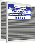 20X25X1 Reusable Washable Air Filter With Electrostatic MERV 8 For HVAC And Furnace Systems Built To Last A Lifetime Actual Size 19.75X24.65X0.82 Inches Fits Most Furnaces And AC Units, shown in gray frame with mesh surface, labeled as washable and reusable MERV 8 filter