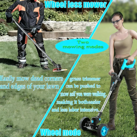 Powerful Cordless Weed Wacker With 21V Battery, 3 In 1 Brush Cutter And Lawn Trimmer, wheel mode use in garden