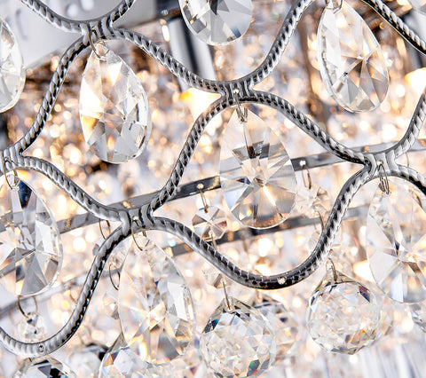 Close-up of sparkling crystals on Crystal Drum Ceiling Light Chandelier 9 Light Chrome Flush Mount LED Fixture Dimmable Modern