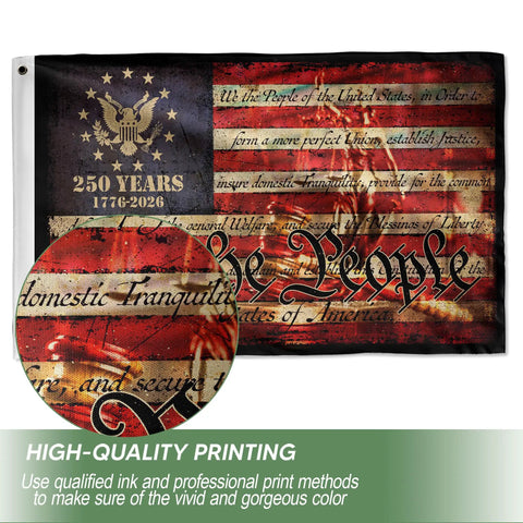 Commemorative Two Sided 3x5 Ft Patriotic House Flag Celebrating 250th Anniversary USA with Constitution text and eagle emblem