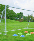 Heavy Duty Backyard Soccer Goals Kit 12x6 with 2 inch powder coated galvanized steel frame on grassy lawn with training cones